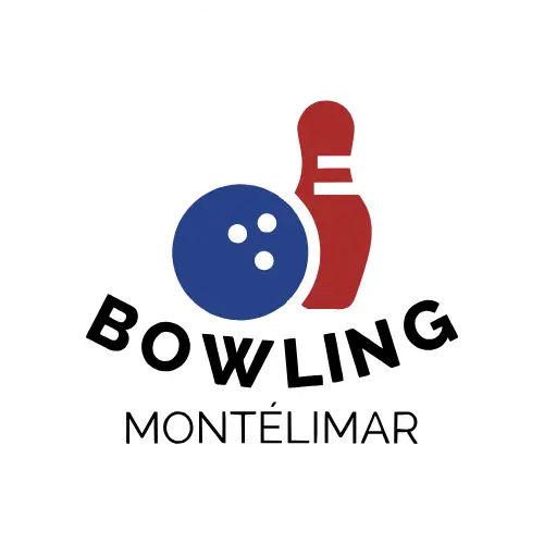 Logo du Bowling de Montélimar avec une boule de bowling bleue et une quille rouge.